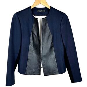 Iris‎ Setlakwe Cropped Leather Trim Open Front Blazer Navy Size 6